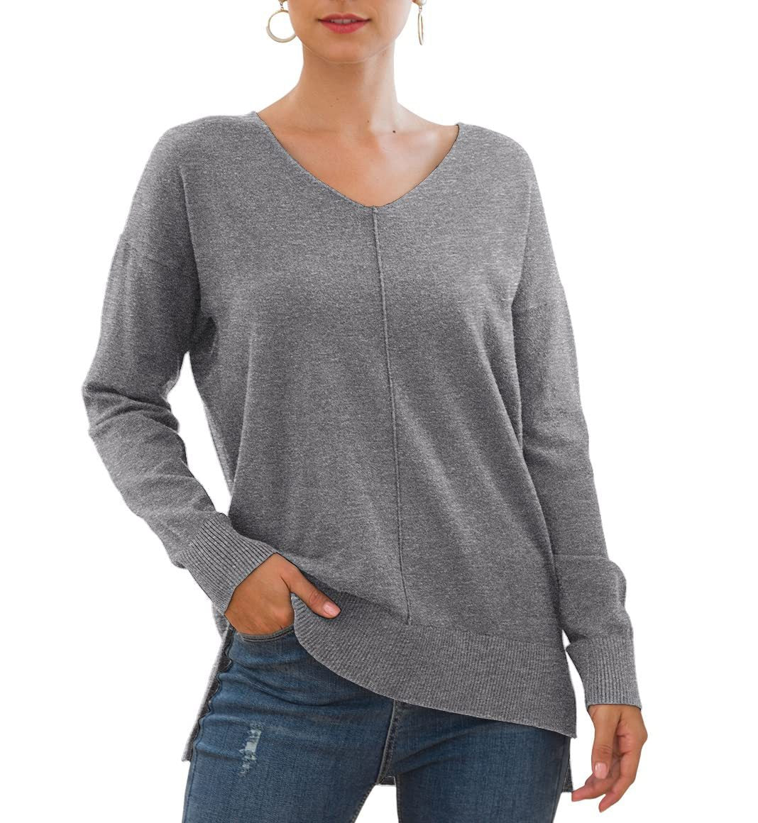 Damen eleganter V-Ausschnitt Pullover mit asymmetrischem Saum R&B