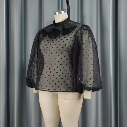 Damen Bluse mit voluminösen Puffärmeln und Polka-Dots R&B