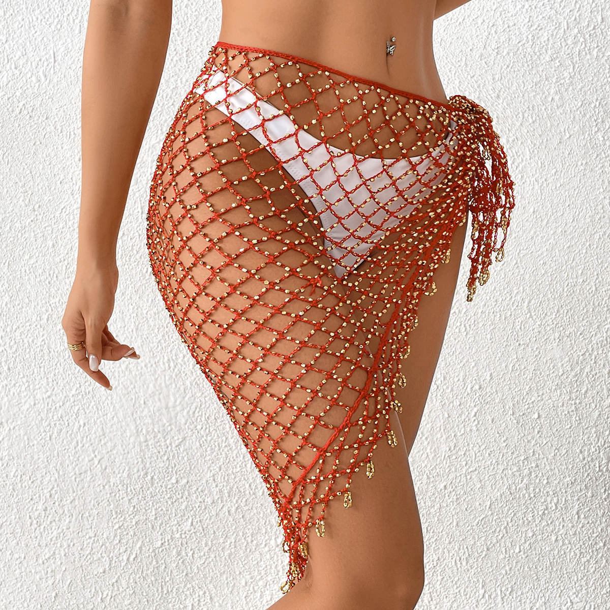 Damen gehäkelter Strandrock mit glitzernden Pailletten und seitlichem Knoten R&B