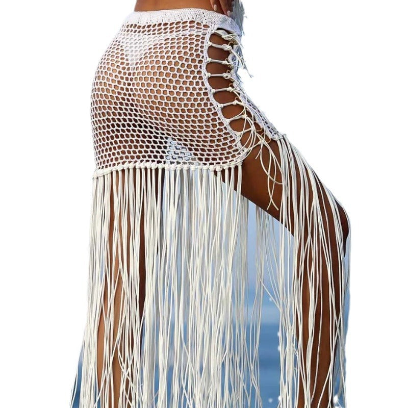 Damen Häkel-Strandponcho mit Fransen und dekorativen Muscheldetails R&B