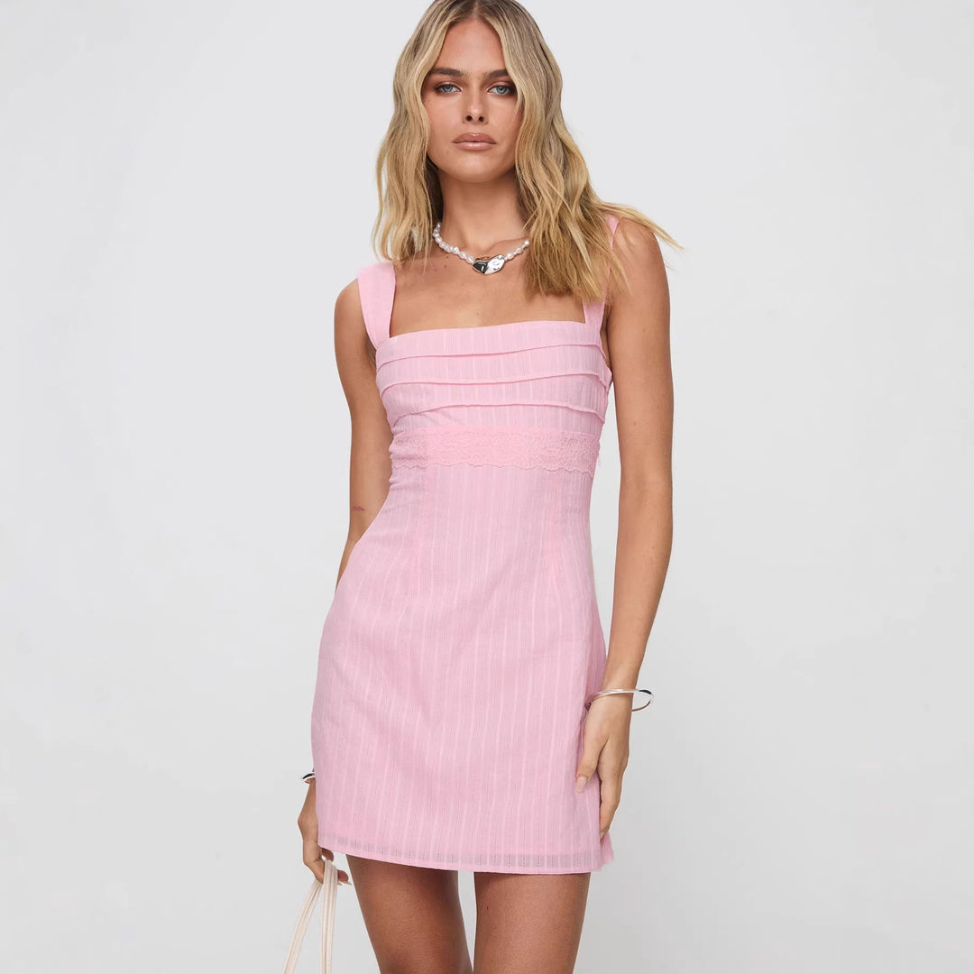 Damen Tailliertes Sommerkleid mit quadratischem Ausschnitt und feinen Streifen R&B