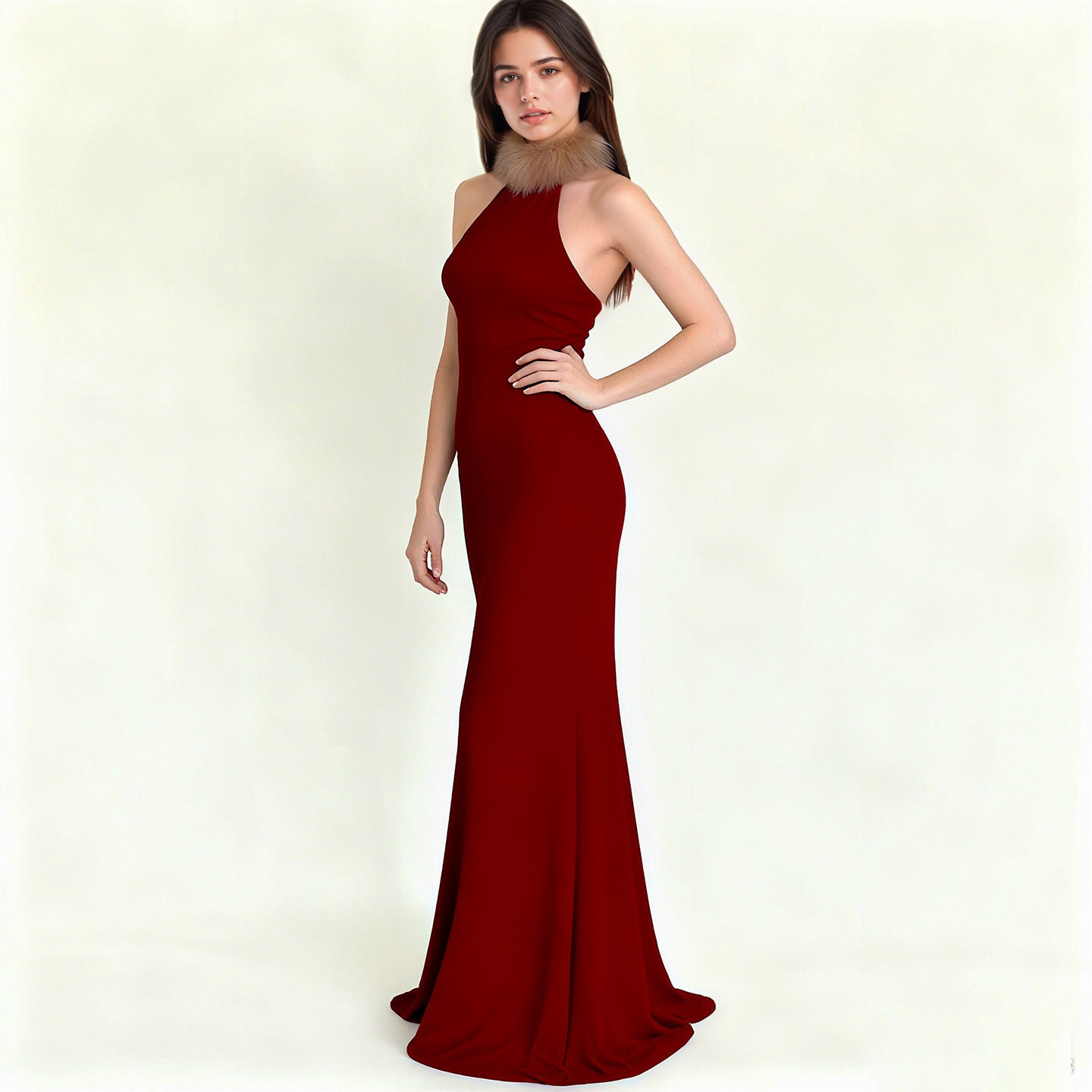 Damen Elegantes Maxikleid mit luxuriösem Kunstpelzkragen R&B