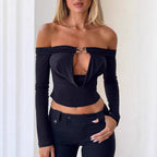 Damen Off-Shoulder Bluse mit dekorativem Ausschnitt und langen Ärmeln R&B