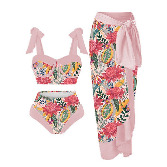 Damen Einteiler Badeanzug mit elegantem Wickelrock und modischen Riemen R&B