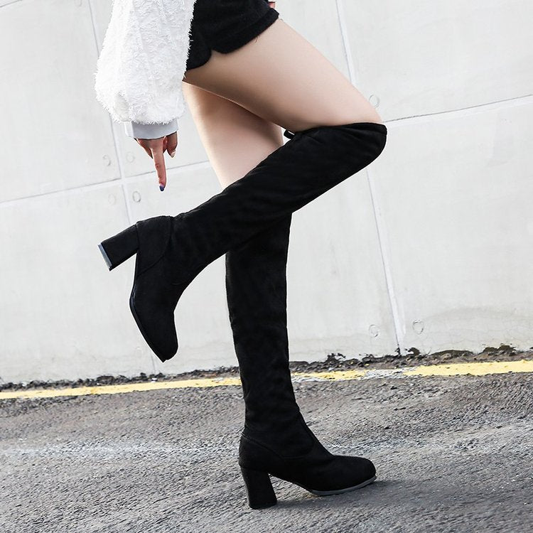 Damen modische Overkneestiefel mit Blockabsatz und raffiniertem Schnürdetail R&B