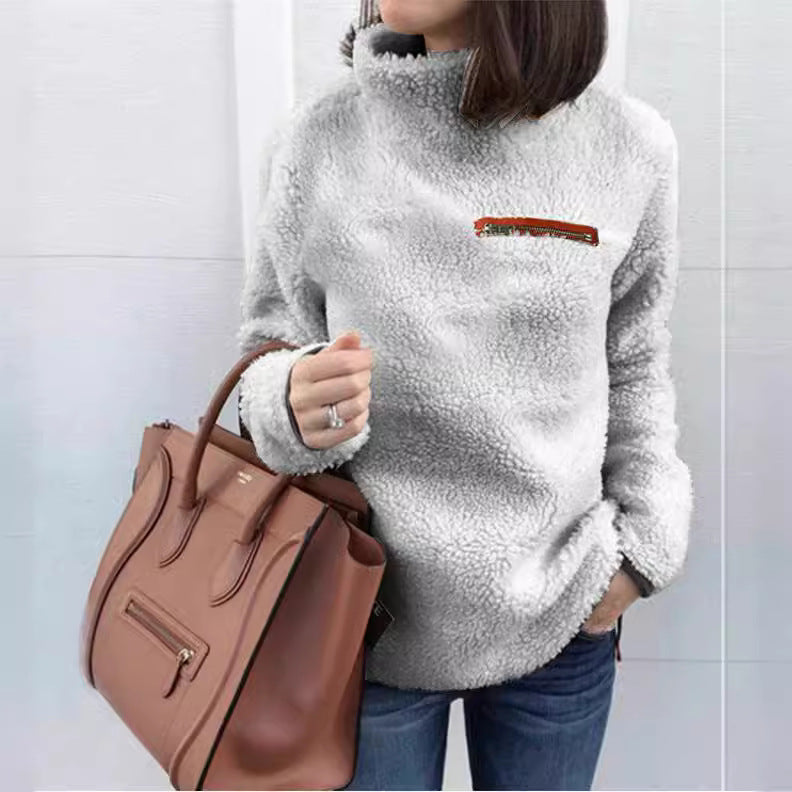 Damen nan kuscheliger Teddy-Fleecepullover mit Stehkragen und Brustreißverschluss R&B