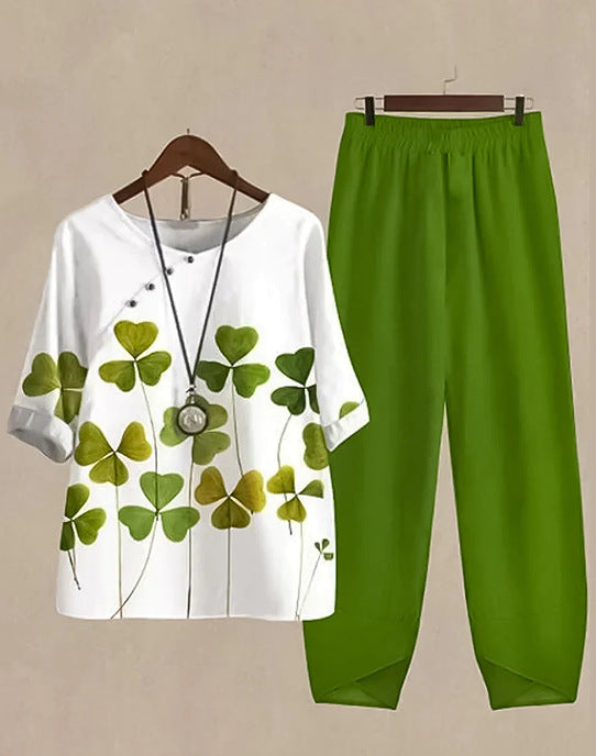 Damen nan zweiteiliges Freizeitset mit Kleeblatt-Print-Tunika und elastischer Komfortbund-Hose R&B