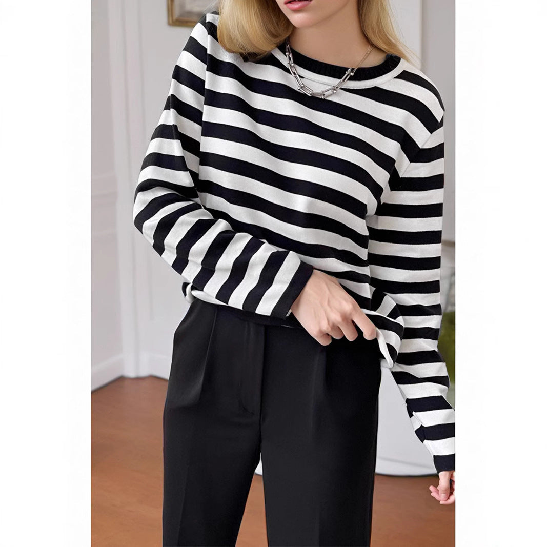 Damen gestreifter Langarmpullover mit Rundhalsausschnitt und lässigem Schnitt R&B