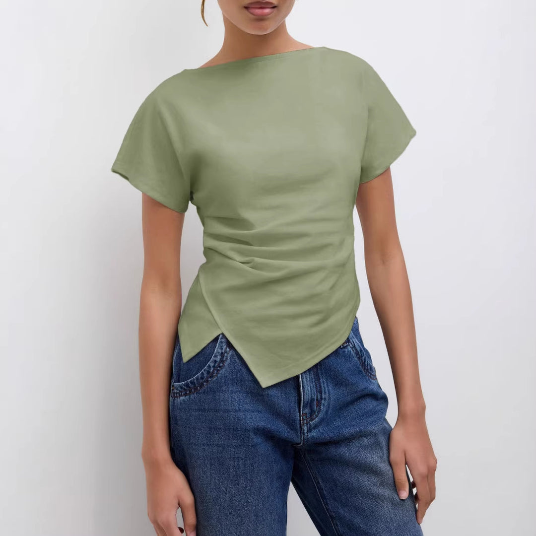 Damen Cropped T-Shirt mit asymmetrischem Schnitt und dekorativem Drapierungseffekt R&B
