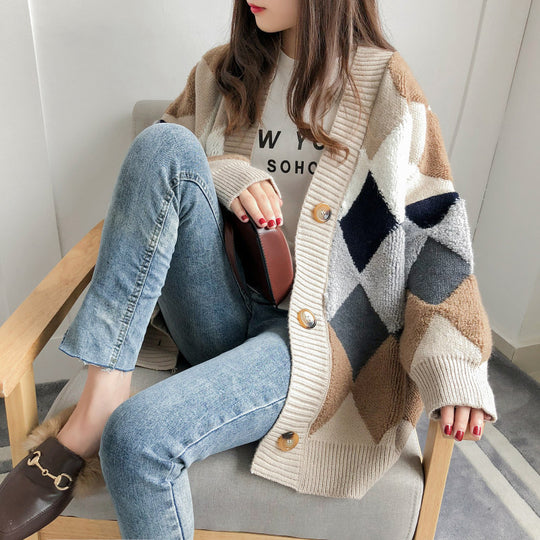 Damen Grobstrick Cardigan mit geometrischem Muster und großen Taschen R&B