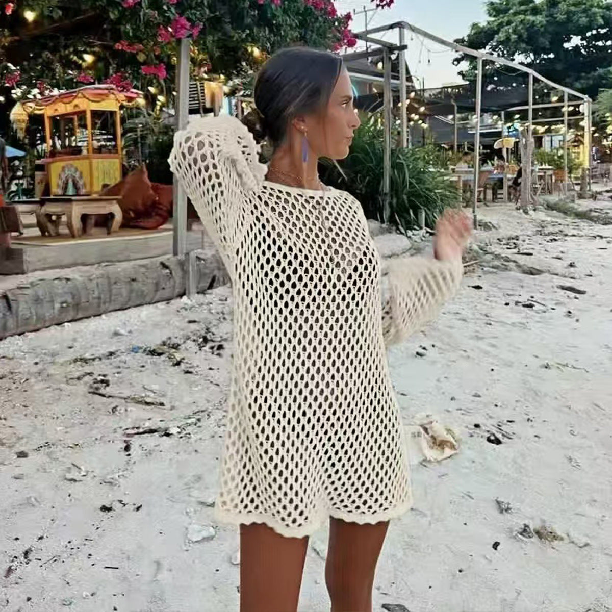 Damen luftiger Häkel-Strandüberwurf mit weiten Ärmeln und asymmetrischem Saum R&B