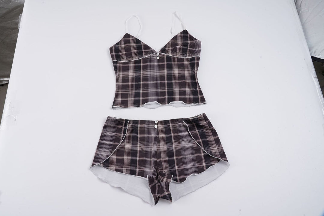 Damen Schlafanzug mit Karomuster und elegantem Spitzendetail R&B