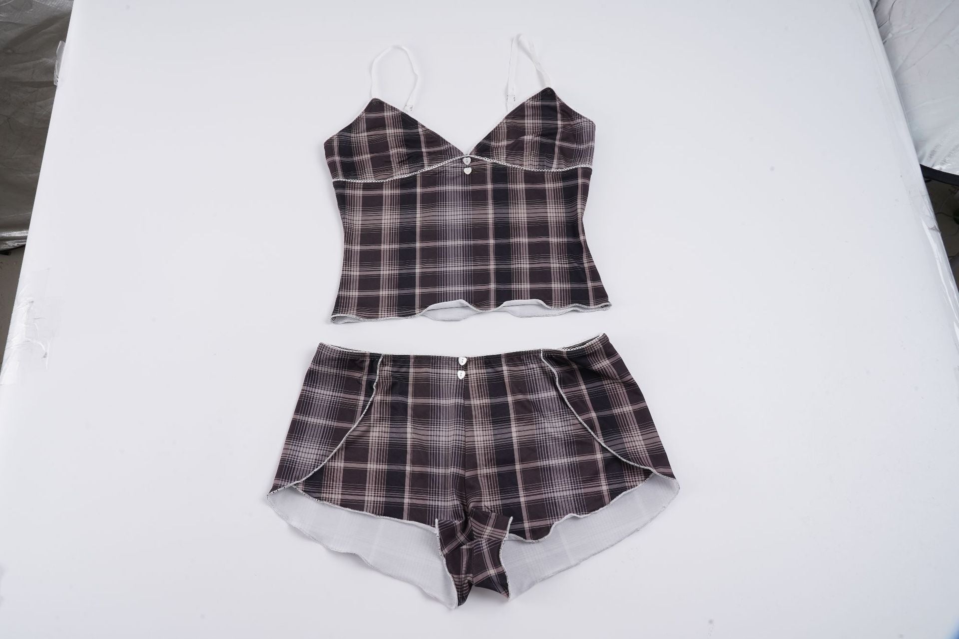 Damen Schlafanzug mit Karomuster und elegantem Spitzendetail R&B