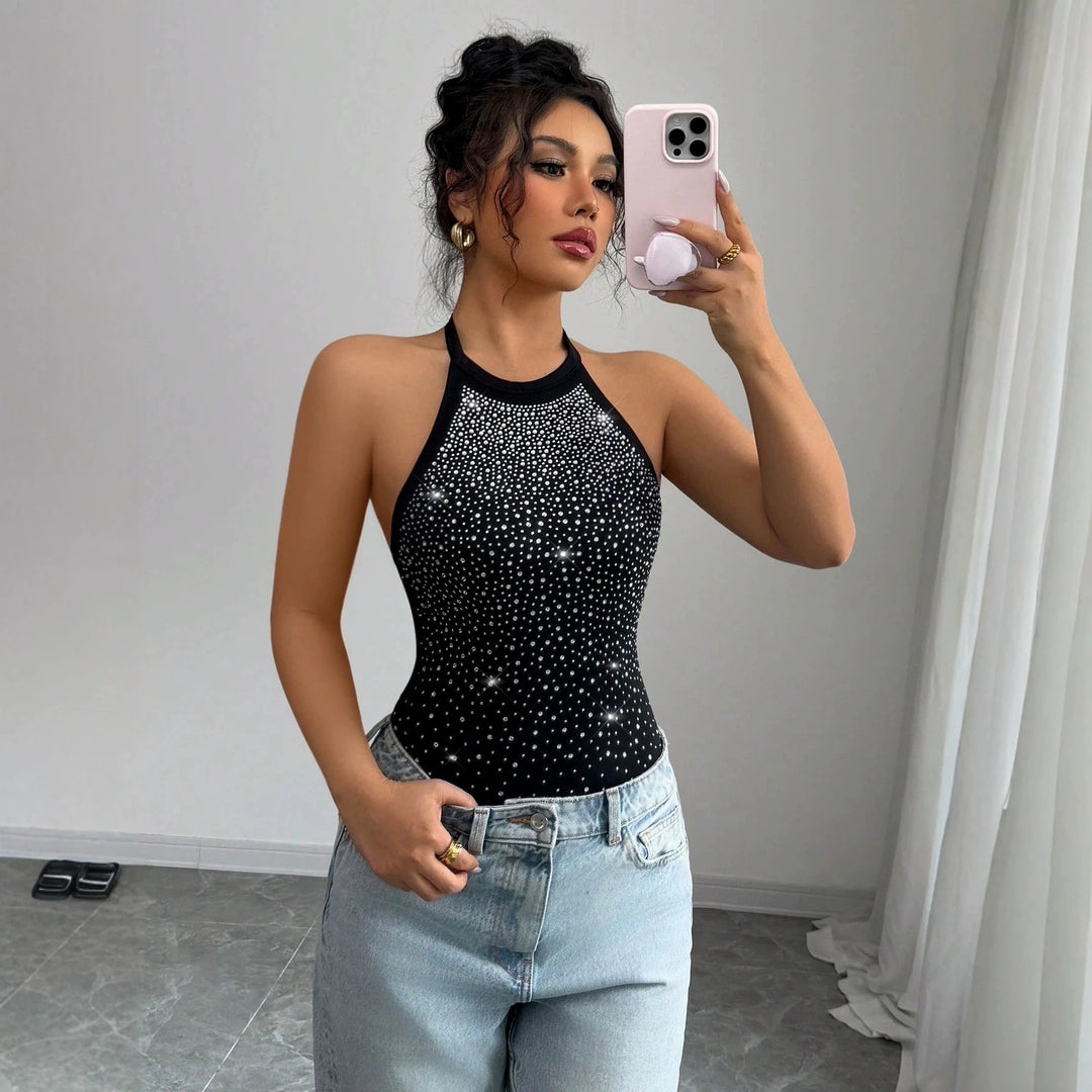 Damen nan Neckholder-Body mit Hochkragen und funkelndem Strassverlauf R&B