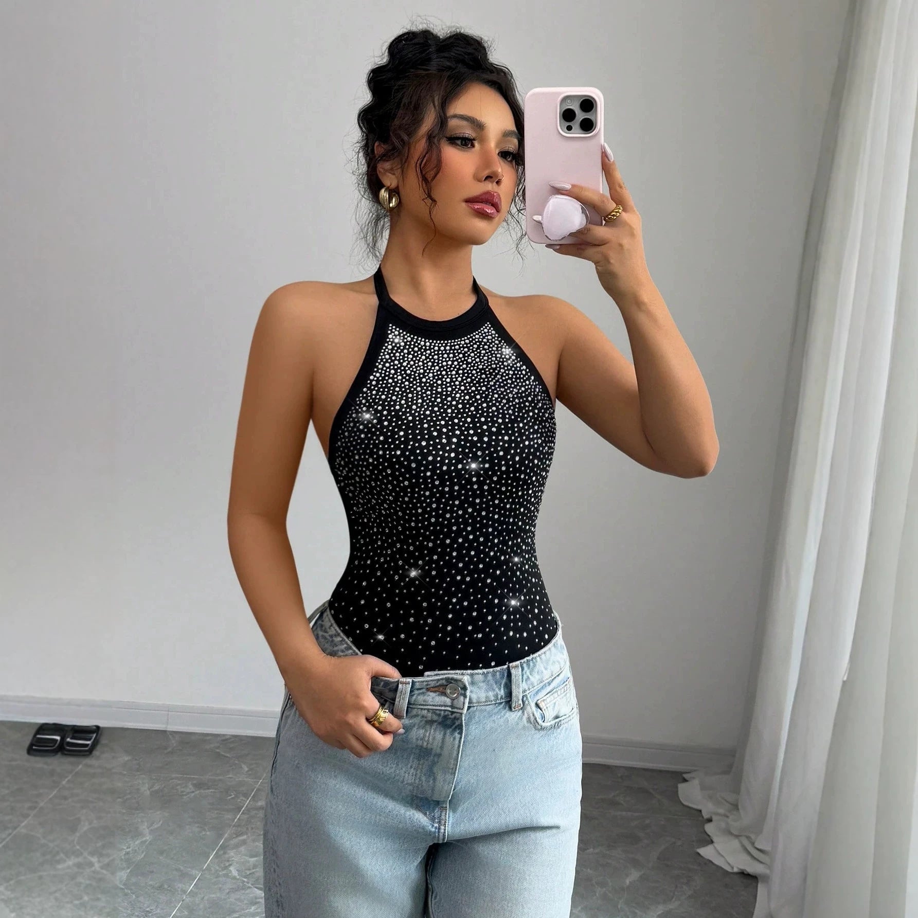 Damen nan Neckholder-Body mit Hochkragen und funkelndem Strassverlauf R&B