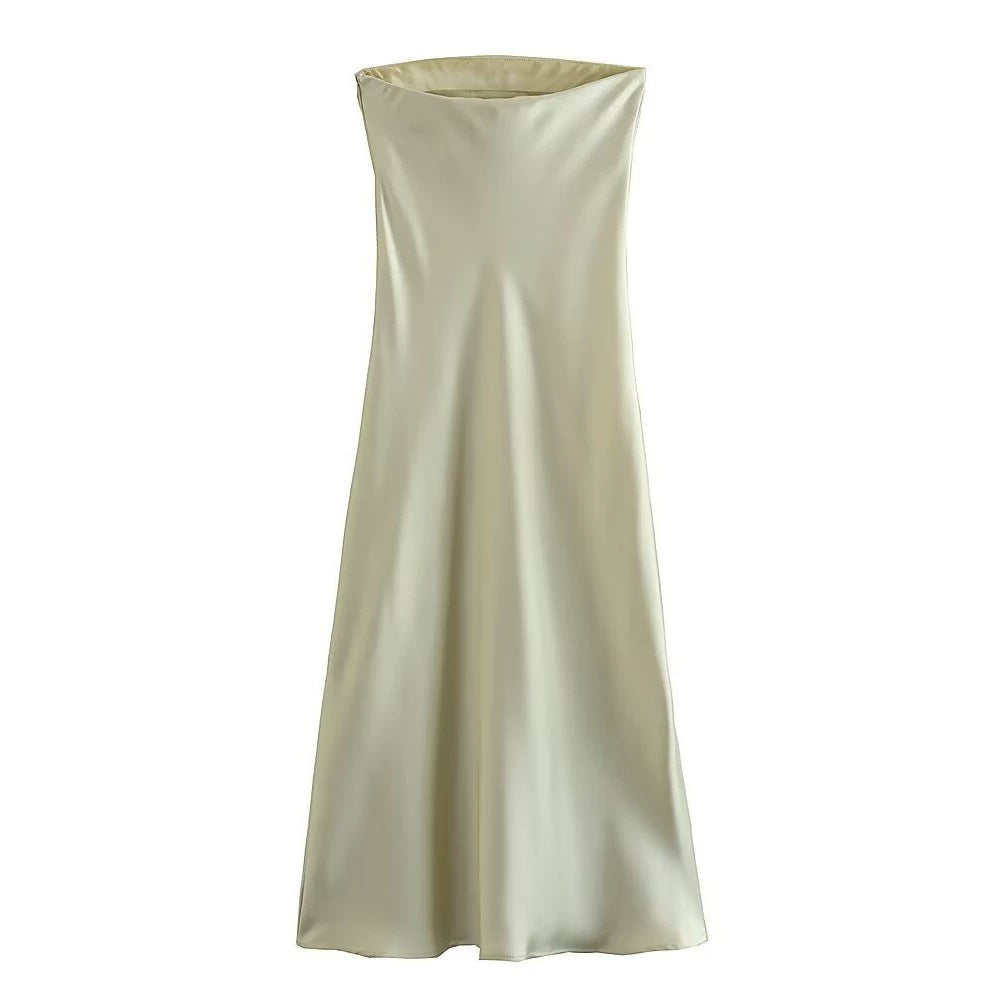 Damen langes Abendkleid im eleganten Satin-Look mit trägerlosem Design R&B