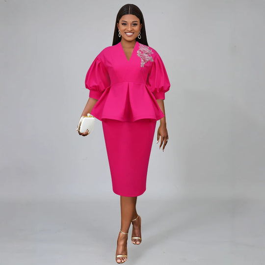 Damen elegantes A-Linien Kleid mit modischen Puffärmeln und floralem Akzent R&B
