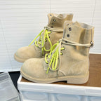 Damen modische Wildleder-Boots mit neonfarbenen Schnürsenkeln und robustem Profil R&B