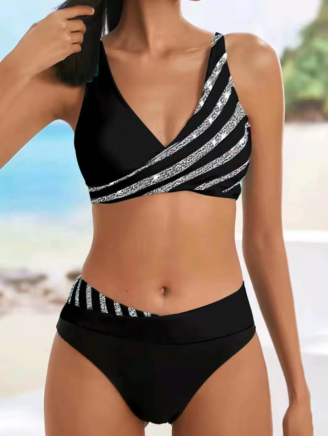 Damen Sportlicher Badeanzug mit kreativen Streifen R&B