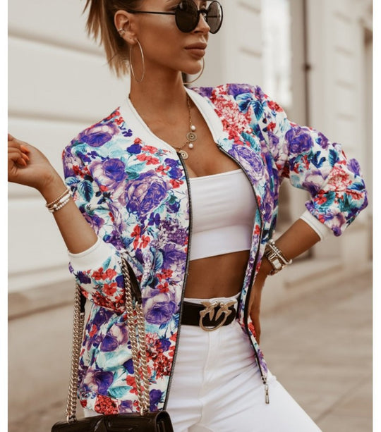 Damen Sportliche Bomberjacke mit floralem Print und Reißverschluss R&B