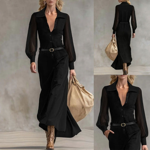 Damen Maxikleid mit transparenten Ärmeln und Taillengürtel R&B