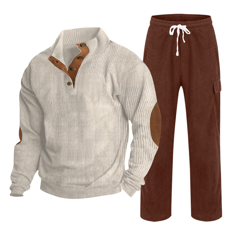 Herren nan Strick-Freizeitset mit Knopfleiste und Ellenbogenaufnähern sowie Cord-Cargohose R&B