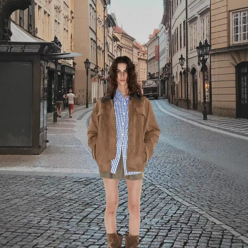 Damen Luxuriöse Wildlederjacke mit modernem Stehkragen R&B