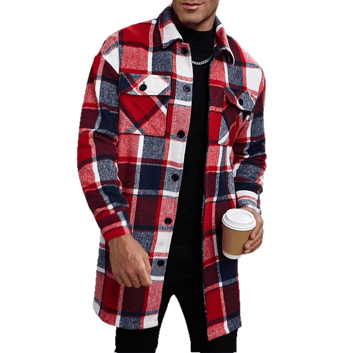 Herren karierte Flanelljacke mit knöpfbaren Taschen und modernem Schnitt