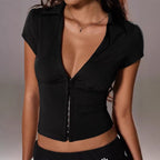 Damen Elegantes Bodysuit mit tiefem V-Ausschnitt und dekorativer Knopfleiste R&B