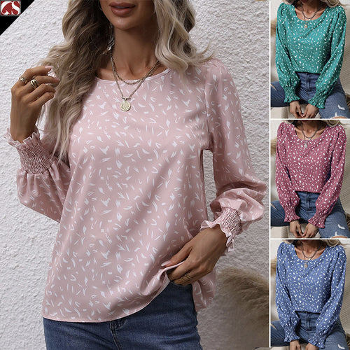 Damen elegante Bluse mit raffinierten Puffärmeln und zartem Muster R&B