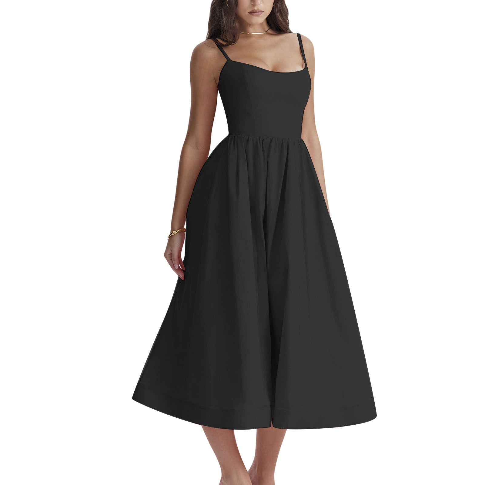 Damen elegantes Midikleid mit Spaghetti-Trägern und fließendem Rock R&B