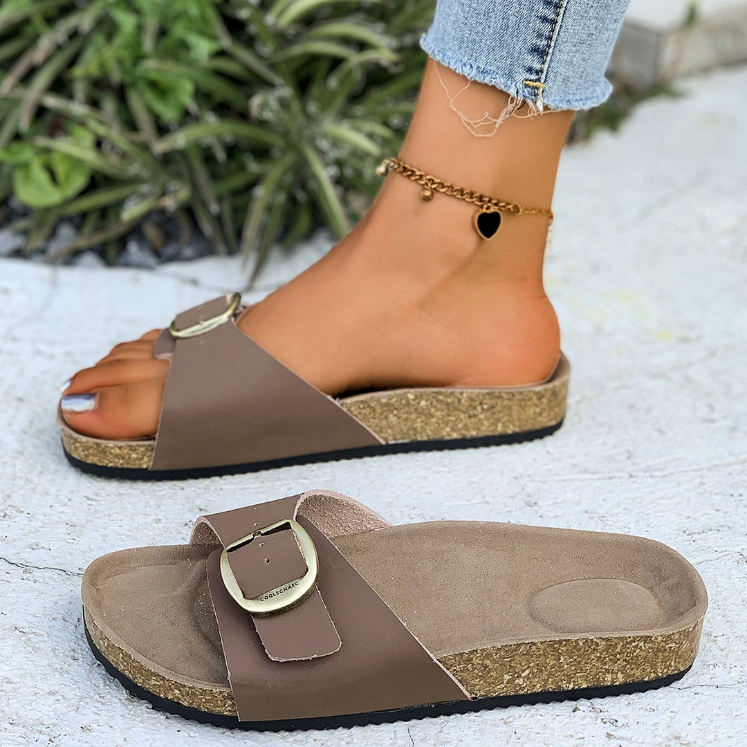 Damen Komfortable Fußbett-Sandalen mit breitem Riemen und glänzender Schnalle R&B