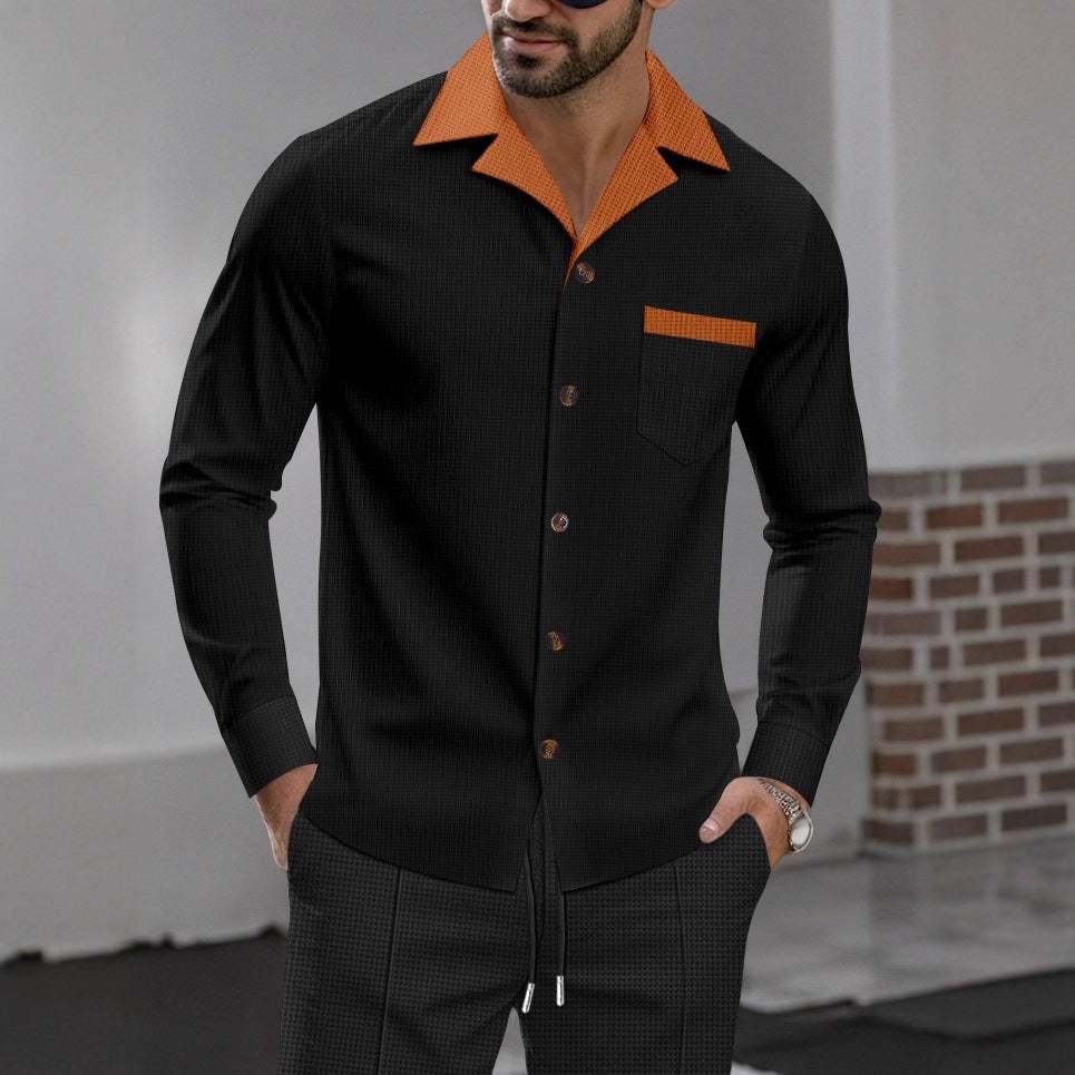 Herren modisches Langarmhemd mit kontrastierendem Kragen und Brusttasche R&B