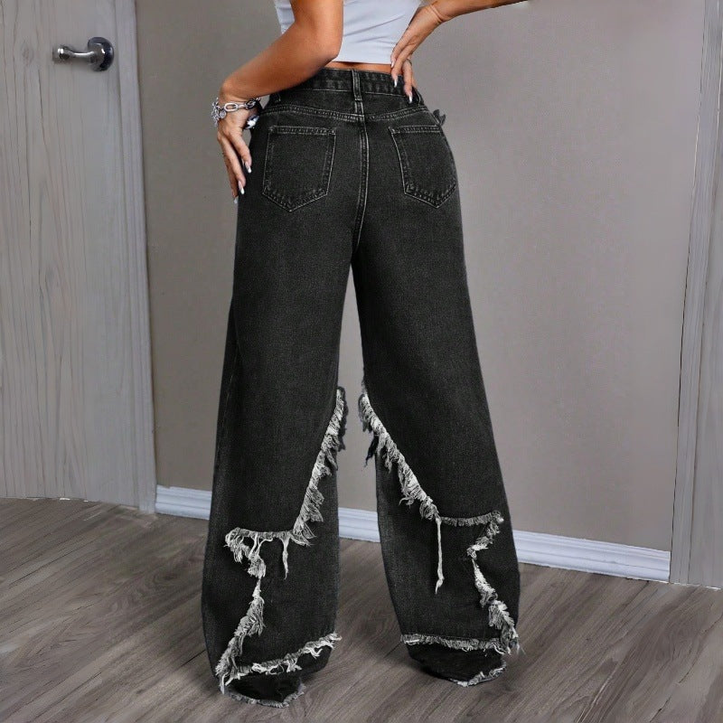 Damen Weite Jeans im modernen Destroyed-Look mit fransigen Details R&B