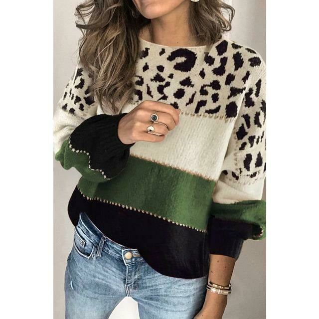 R&B | Pullover - Damen Herbst Leopard Patchwork Strickpullover