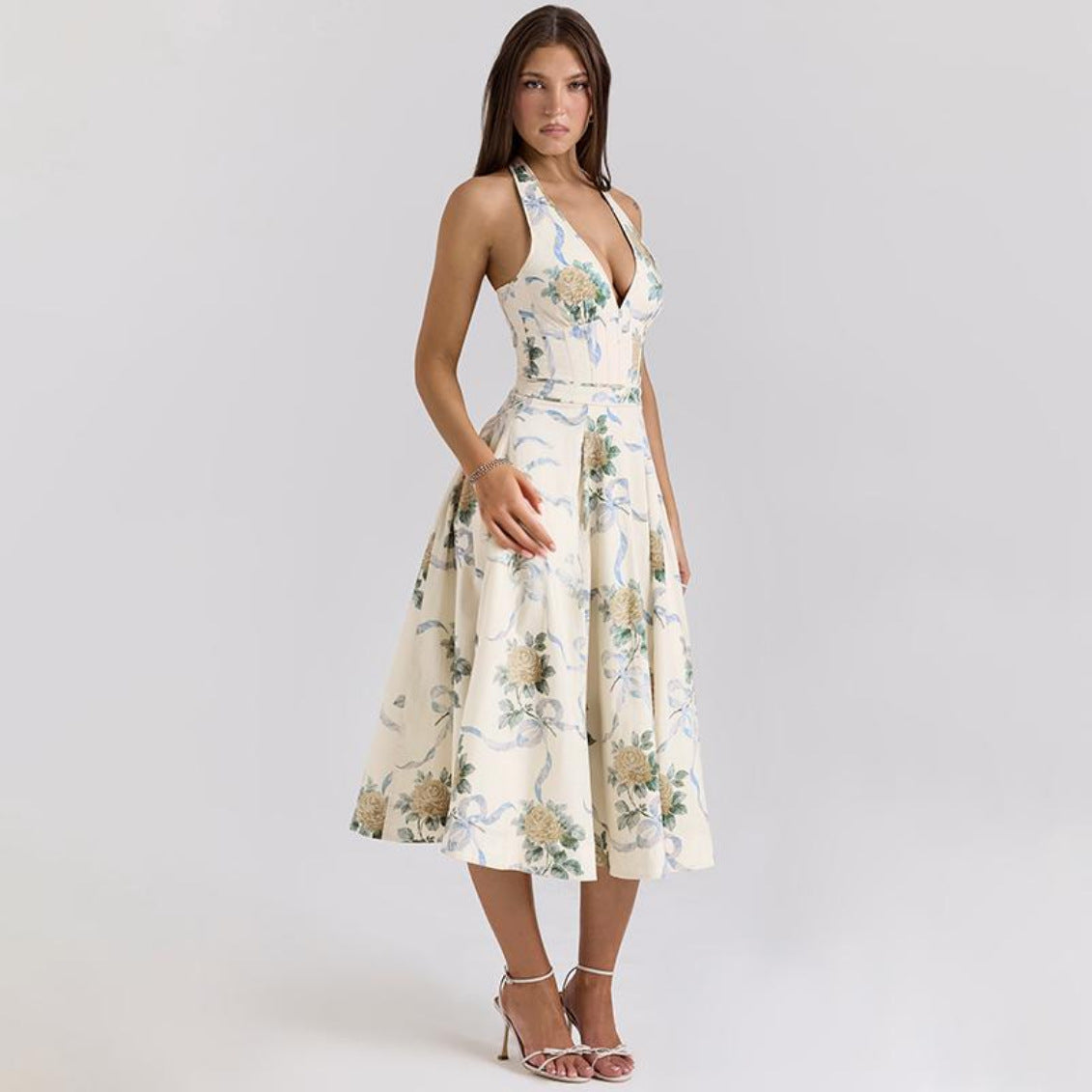 Damen Elegantes Blumen-Midikleid mit tiefem V-Ausschnitt R&B