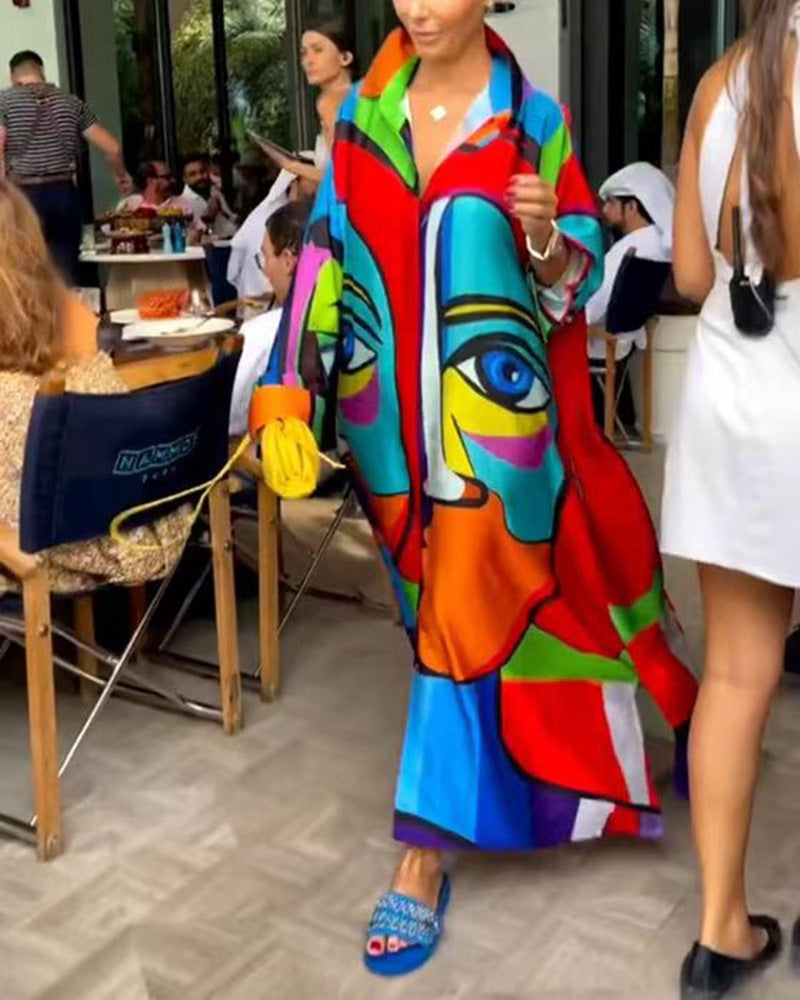 Damen nan Oversize-Hemdkaftan mit abstraktem Portraitprint und Hemdkragen R&B