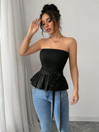 Damen nan figurbetontes trägerloses Smok-Oberteil mit Volant-Peplum und dekorativer Stoffblume R&B