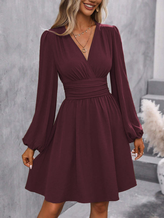 Damen Knielanges Wickelkleid mit eleganten Puffärmeln R&B