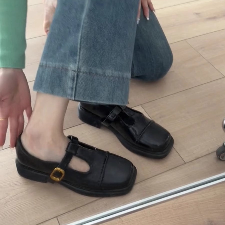 Damen elegante T-Strap Ballerinas mit modischer Schnallenverzierung R&B