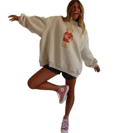 Damen nan weit geschnittener Sweatpullover mit Teddybär-Print und Stehkragen R&B