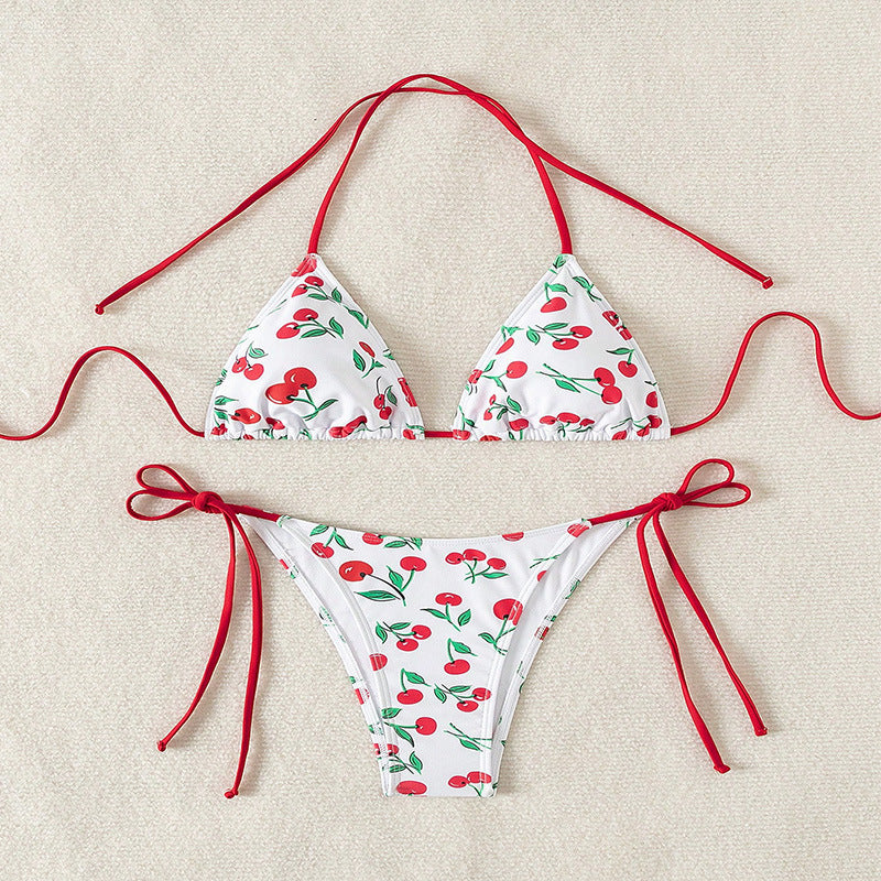 Damen Triangel-Bikini mit frischem Kirschmotiv und verstellbaren Bindebändern R&B