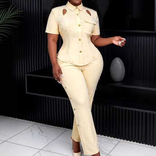 Damen Elegantes Set aus figurbetontem Oberteil mit Cut-Outs und schmal geschnittenen Hosen R&B