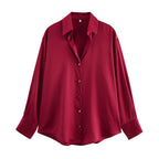 Damen nan oversized Satinbluse mit Hemdkragen, verlängerten Manschetten und abgerundetem Saum R&B