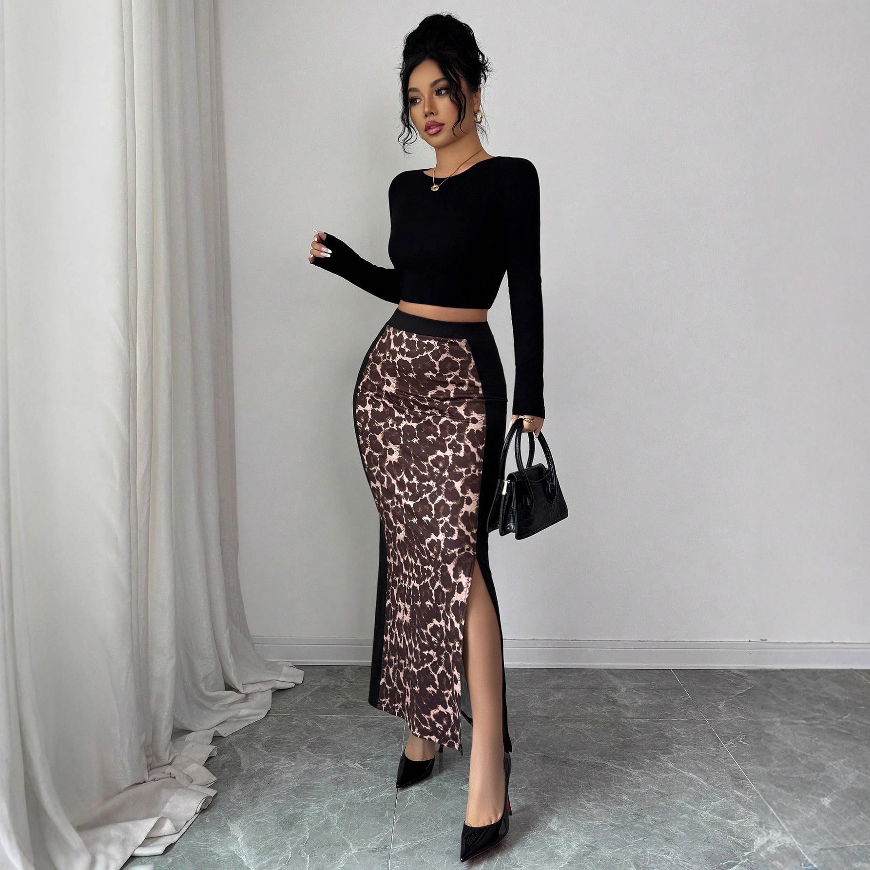 Damen nan taillierter Bleistiftmidirock mit Animal-Print-Mittelbahn und seitlichem Oberschenkel-Schlitz R&B
