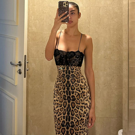 Damen Elegantes und verführerisches Leopardenspitzenkleid R&B