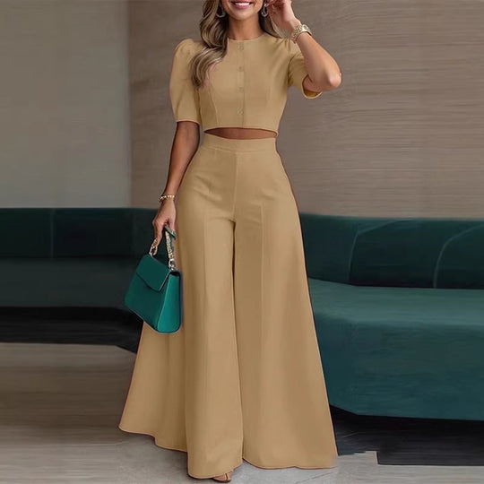 Damen elegantes kurzes Oberteil mit Puffärmeln und hochgeschnittenen Palazzo-Hosen R&B