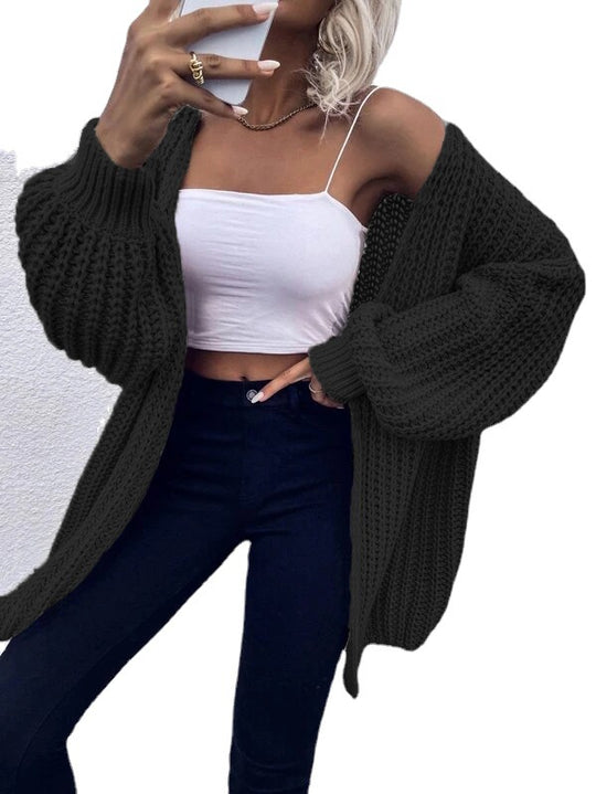 Damen Grobstrick-Cardigan mit voluminösen Ärmeln und offener Vorderseite R&B