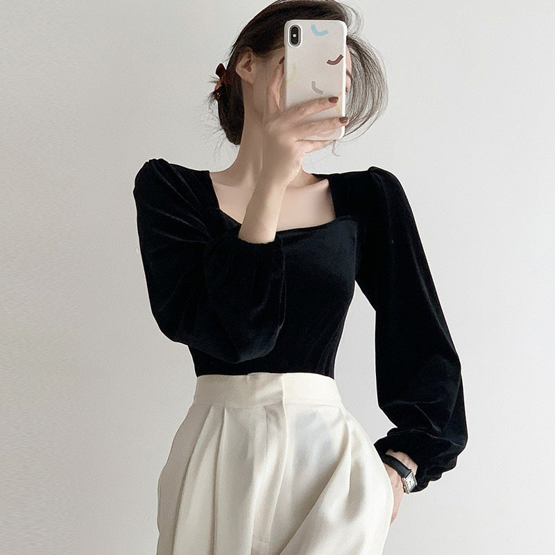 Damen elegantes Strickoberteil mit Puffärmeln und reizendem Quadrat-Ausschnitt