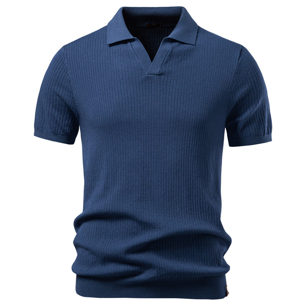 Herren nan fein geripptes Kurzarm-Poloshirt mit offenem Kentkragen R&B